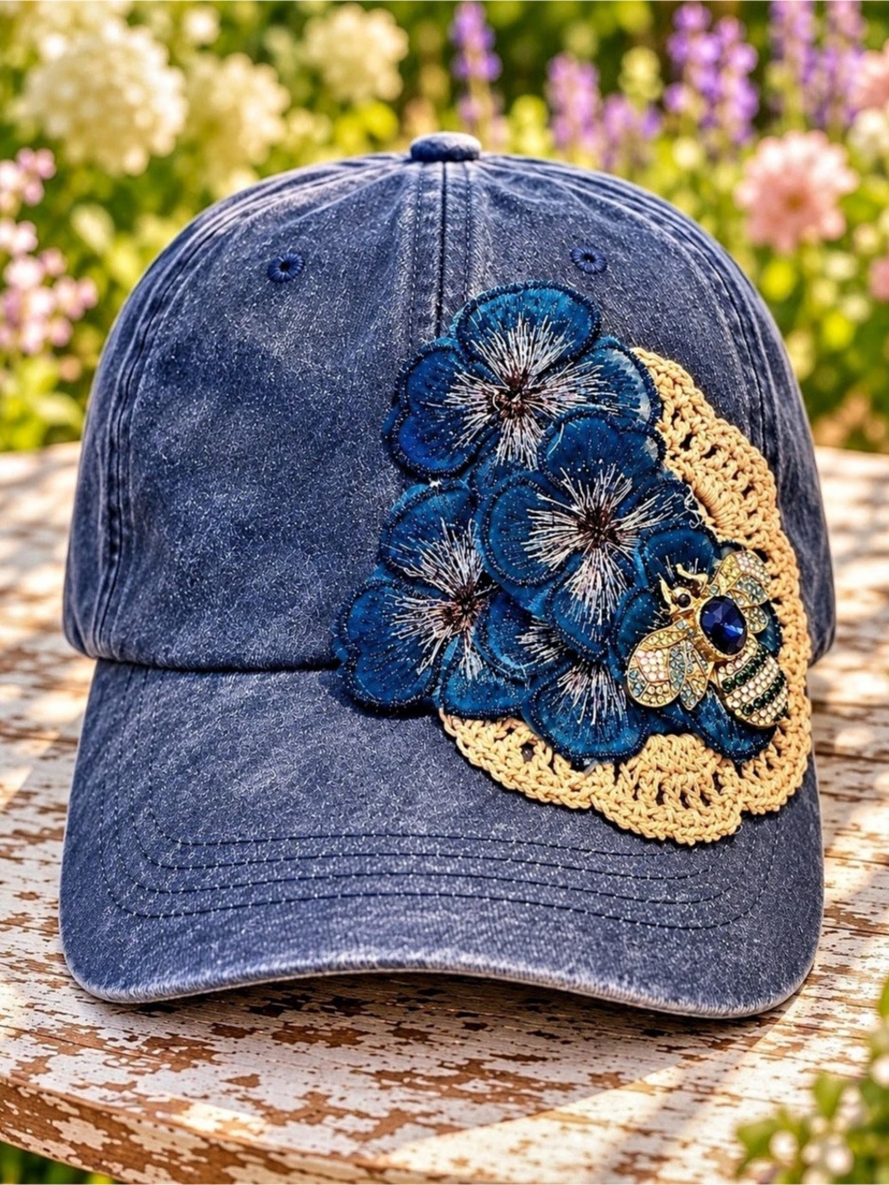 Handmade Embellished Navy Baseball Cap Floral Bee Boho Hat